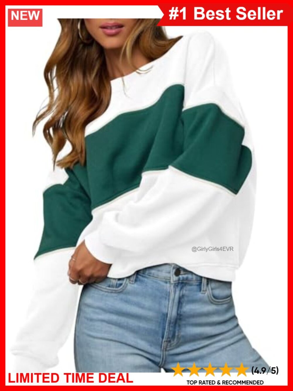 Women Long Sleeve Color Block Oversized Crewneck Sweatshirt Pullover